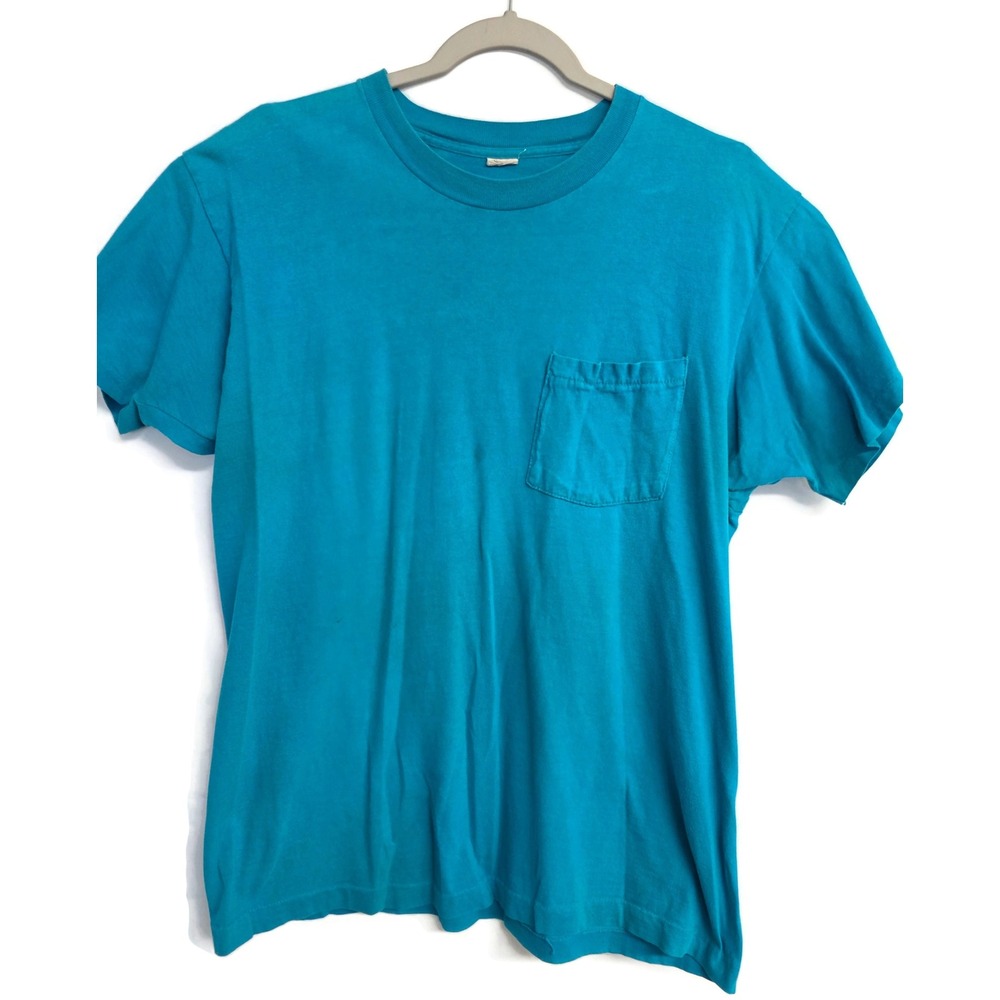 Vintage Single Stitch Pocket T-Shirt Teal Blue Cotton Mens Large 27x21